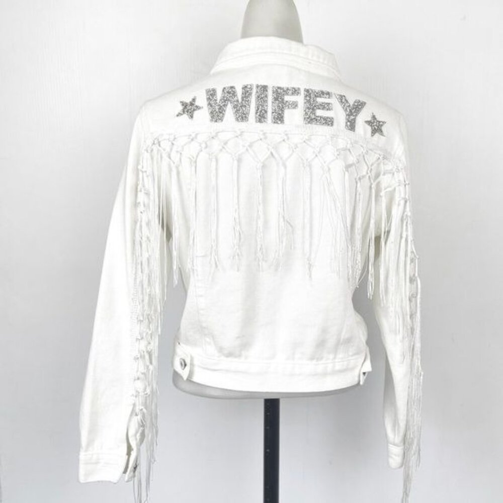 Event Blossom White Fringe WIFEY Rhinestone Denim Jacket with Stars size Medium